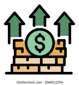 Icono de pila de dinero para crecer. Esquema crecer pila de dinero pila de vectores color plano aislado