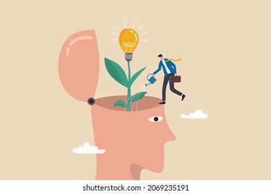 Grow new idea, plant innovative creativity, develop imagination to solve business problem, personal growth or critical thinking concept, businessman watering seedling plant with lightbulb idea flower.