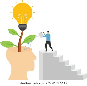 Grow new idea, plant innovative creativity, develop imagination to solve business problem, personal growth or critical thinking concept, businessman watering seedling plant with lightbulb idea flower.