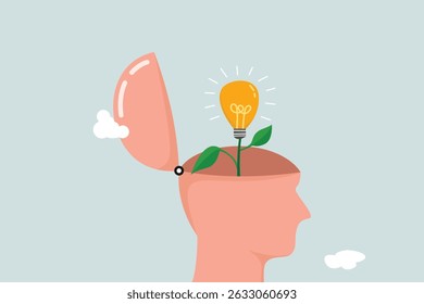 Grow new ideas, plant innovative creativity, develop imagination to solve business problems, personal growth or critical thinking concepts, plant seeds with light bulb flower ideas.