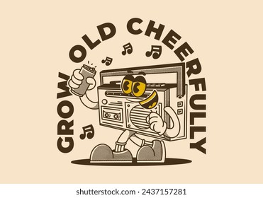 Grow old cheerfully. Vintage mascot character of walking radio holding a drink can