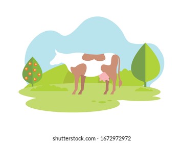 Grow Organic Meat. Vector Illustration. Healthy Food. Organic Food. Produced by Natural Products. Organic Production. Healthy Lifestyle. White Cow with Brown Spots on Meadow. Organic Milk.