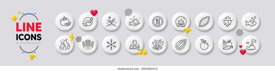 Grow plant, Apple and Fish line icons. White buttons 3d icons. Pack of Mountain flag, Fire energy, Iceberg icon. Snowflake, Juice, Sunny weather pictogram. Lotus, Tomato, Cocoa nut. Vector