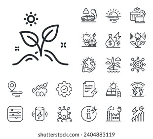 Grow plant leaf sign. Energy, Co2 exhaust and solar panel outline icons. Leaves line icon. Environmental care symbol. Grow plant line sign. Eco electric or wind power icon. Green planet. Vector