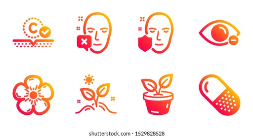 Grow plant, Natural linen and Collagen skin line icons set. Leaves, Face protection and Face declined signs. Myopia, Capsule pill symbols. Leaves, Organic tested. Healthcare set. Vector