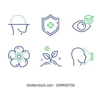 Grow plant, Natural linen and Medical shield line icons set. Face scanning, Check eye and Face id signs. Leaves, Organic tested, Medicine protection. Faces detection. Healthcare set. Vector