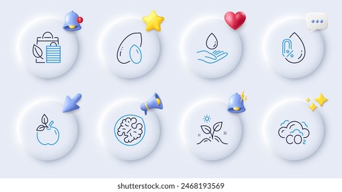 Grow plant, No alcohol and Co2 line icons. Buttons with 3d bell, chat speech, cursor. Pack of Water care, Bio shopping, Walnut icon. Eco food, Peanut pictogram. For web app, printing. Vector