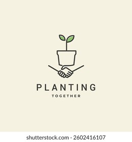 Grow plant in pot with handshake logo design. Gardener, Farmer, Planting together symbol logo icon vector illustration