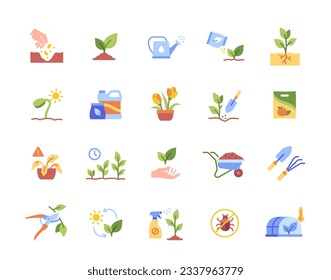 Grow plants icons set. Colorful spring flowers, seeds, earth, watering can, fertilizers and greenhouses. Agriculture and gardening concept. Cartoon flat vector collection isolated on white background