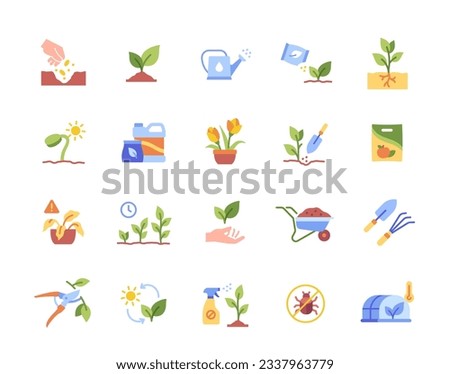 Grow plants icons set. Colorful spring flowers, seeds, earth, watering can, fertilizers and greenhouses. Agriculture and gardening concept. Cartoon flat vector collection isolated on white background Stock photo © 