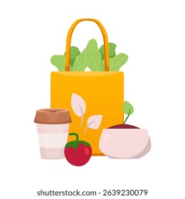 Grow plants, use eco cup, bag with vegetables. ECO sustainable lifestyle. Go green. No plastic, Zero waste. Reduce, reuse, recycle concept. Vector flat illustration isolated