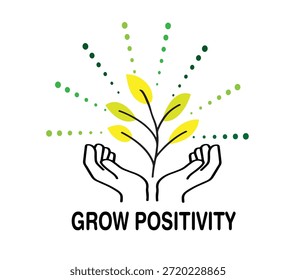 Grow Positivity Logo Design Hands Holding Plant Eco Naturaleza Motivación de bienestar Mindfulness Símbolo de crecimiento sostenible Ilustración vectorial moderna