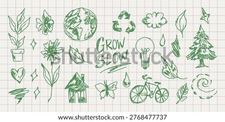 Grow Slow – eco doodle elements. Hand drawn sketch icons in natural notebook style. Organic symbols, plants, recycle and sustainability theme for stickers, posters, packaging, branding and social media design.