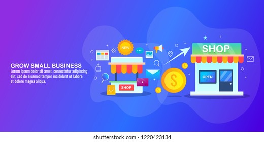 Grow Small Business - Small Business SEO Marketing - Flat Design Vector Illustration With Icons And Texts