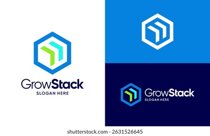 Grow stack logo design. Stack box concept vector design with abstract arrow up modern symbol graphic icon