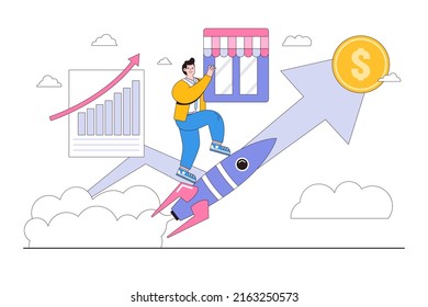 Grow storefront or build small business by using marketing to promote shop, increase and earn more profit concepts illustrations. Businessman flying on rocket with holding store and go to target.