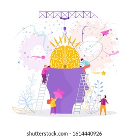 Grow technology Metaphor. Tiny people insert brain into person head. Solution of psychological problems associated with achievement, goal, success. personal welfare. Trainings for personal growth.