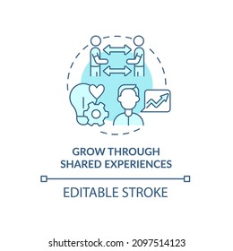 Grow Through Shared Experiences Turquoise Concept Icon. Emotional Connection Abstract Idea Thin Line Illustration. Isolated Outline Drawing. Editable Stroke. Roboto-Medium, Myriad Pro-Bold Fonts Used