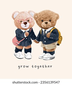 grow together slogan with cute bear couple in kindergarten uniform vector illustration