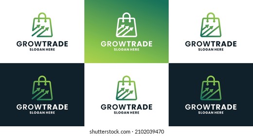 grow trade online shop logo design collection. bag shop combine with up arrow
