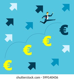 Grow up. Manager jumped onto the euro currency symbol to the spirit. Concept business vector illustration.