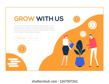 Grow with us - flat design style colorful web banner on white background with copy space for text. A composition with business man and woman watering the plant. Teamwork, financial success concept