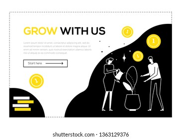 Grow with us - flat design style web banner with copy space for text. Black, yellow and white unusual composition with business man and woman watering the plant. Teamwork, financial success concept