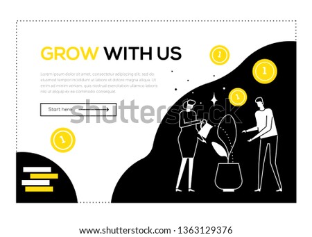 Grow with us - flat design style web banner with copy space for text. Black, yellow and white unusual composition with business man and woman watering the plant. Teamwork, financial success concept