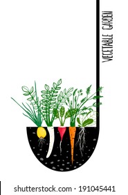 Grow Vegetable Garden and Cook Soup. Food illustration in black ink and colors. Vector EPS8.