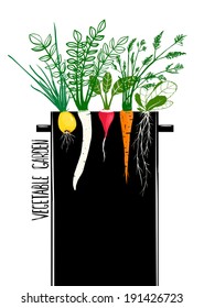 Grow Vegetable Garden and Cook Soup. Food illustration in black ink and colors. Vector EPS8