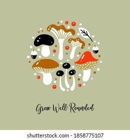 Grow well-rounded greeting card template design with various cute cartoon wild mushrooms, acorns and berries. Mushroom pun card. 