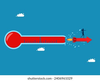 Grow without limits. Businesswoman driving a rocket arrow crashes through a thermometer