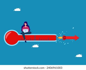Grow without limits. woman working on thermometer broken from colliding arrows 