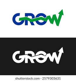 Grow word logo with graph arrow line. Stock market chart change and profit concept. Growth of capital, investment trust fund theme symbol.