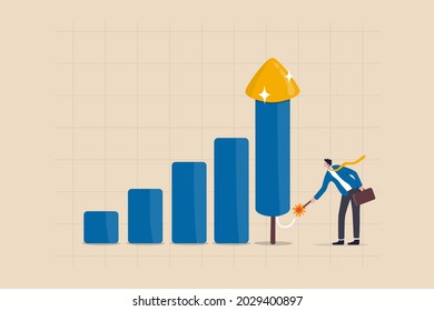 Grow Your Business, Boost Investment Profit Or Earnings, Increase Growth Or Economic Boom, Career Development Concept, Smart Businessman Ignite Firework Rocket Bar Graph To Increase Company Growth.