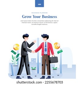 Grow your business. Boost your business. Two businessmen shaking hands. Business deal is done with money and coin. Poster and banner for successful business deal.