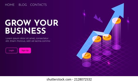 Grow your business. Growing arrow on stacks of coins. Landing page template