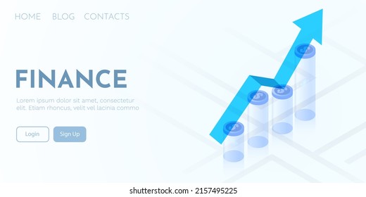 Crecer tu negocio. Flecha en aumento sobre pilas de monedas. Plantilla de página de inicio