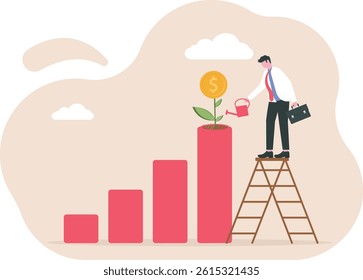 Grow your business, increase sales or investment profit, growth, improve company profit, salary increase or earn more income concept, ambitious businessman pouring water to grow graph plant.

