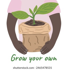 Grow your own flat design plant in a bag in black man arms