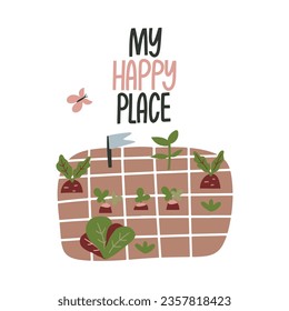 Grow your own garden lettering. Seedlings of plants in the ground. Spring planting. Growing organic vegetables. Young seedlings of carrot. Agriculture concept. Home garden growing