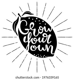Grow your own. Handwritten phrase on top of a lemon. Decorative emblem. Monochrome poster with black text inscription on white background. Sign with hand drawn lettering.