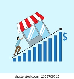 Grow your shop and earn more profit.businessman pushed his milk shop to go up illustration