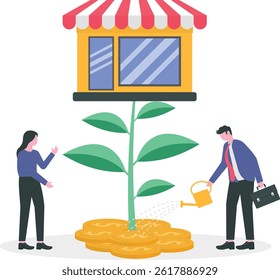 Grow your shop and earn more profit, expand store front or grow small business, marketing to promote shop increase revenue concept, businessman pouring water to grow plant with big store shop flower.
