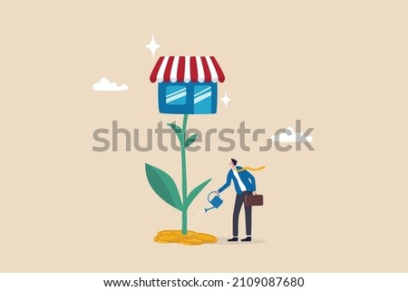 Grow your shop and earn more profit, expand store front or grow small business, marketing to promote shop increase revenue concept, businessman pouring water to grow plant with big store shop flower.