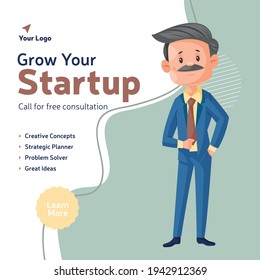 Grow your startup banner design with businessman. Vector graphic illustration.