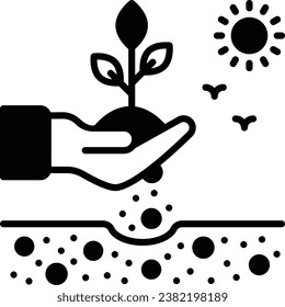 grower or horticulturist holding plant in fields concept, Sun, Birds and soil vector icon design, Outdoor Decor symbol, Farm and Plant sign, Mulching and Landscaping illustration