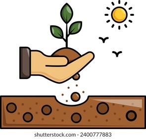 grower or horticulturist holding plant in fields concept, Sun, Birds and soil vector icon design, Shrubs and Trees symbol, Plants and Flowers sign, Landscaping and Garden Tools illustration
