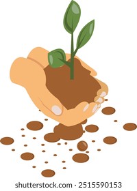 grower or horticulturist holding plant in fields isometric concept, Sun, Birds and soil vector icon design, Lawn Gardening symbol, Farm Plant sign, agriculture and horticulture equipment illustration