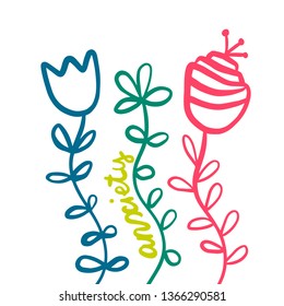 Growing anxiety with flowers hand drawn illustration colorful in cartoon style minimalism